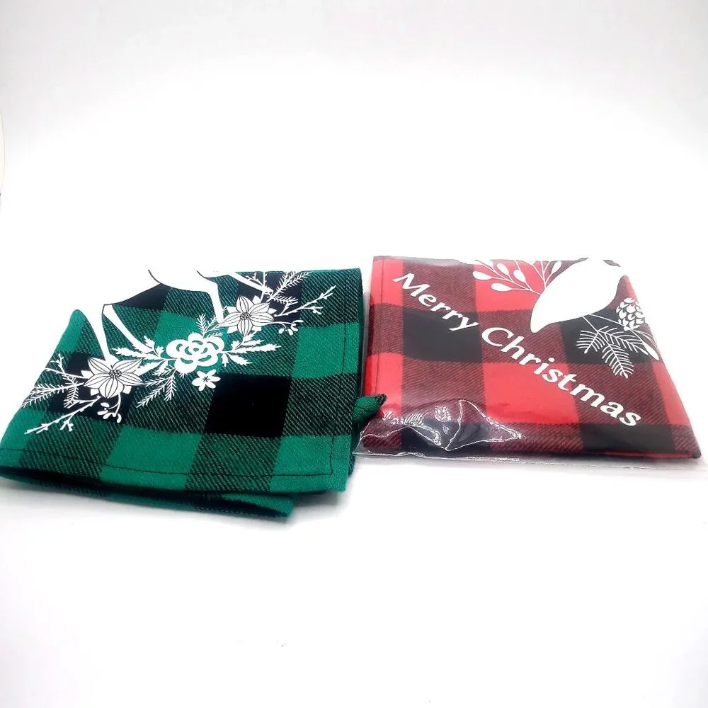 Christmas Dog Cat Plaid Bandanas 2 Pack Green Black Deer Floral Red Bird Scarfs